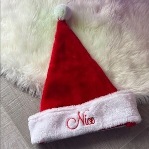 NEW Red and White Santa Hat with 'Nice' Embroidery